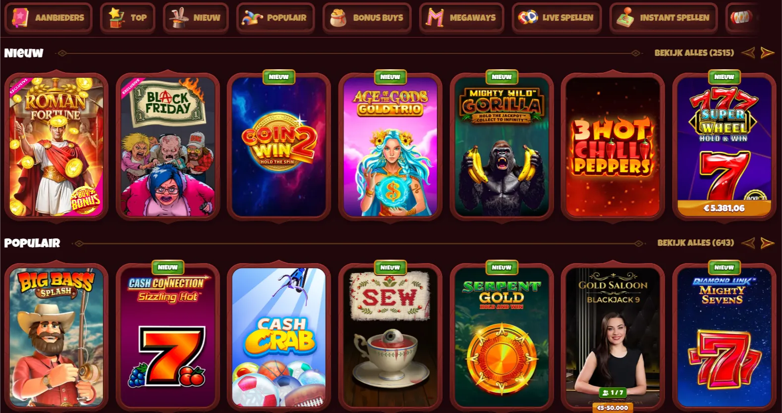 Populaire slots, jackpotspellen en live tafels zonder beperkingen